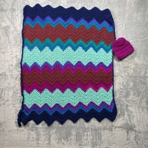 Crochet Chevron Blanket & Beanie Set Baby Toddler Warm Purple Teal Navy